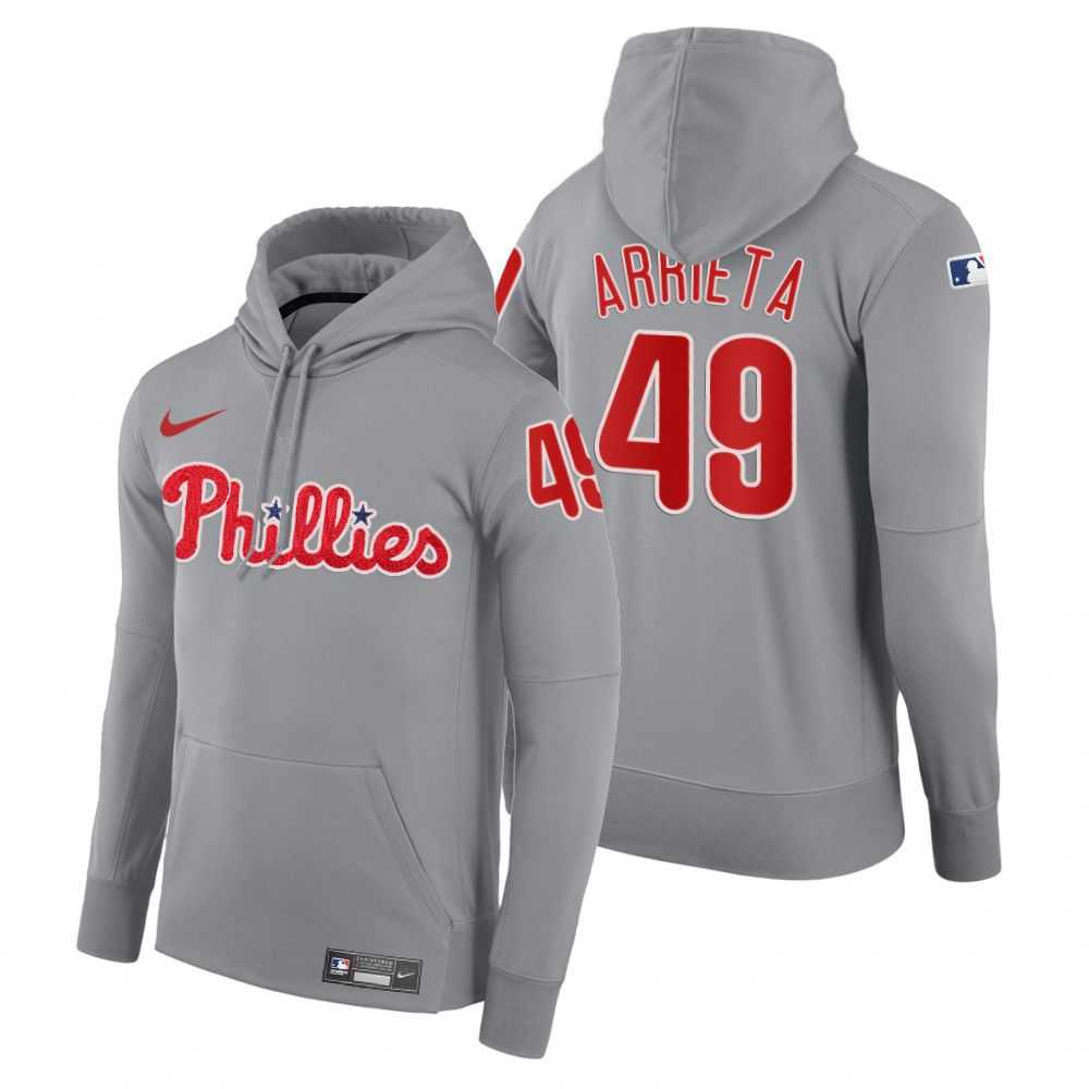 Men Philadelphia Phillies 49 Arrieta gray road hoodie 2021 MLB Nike Jerseys